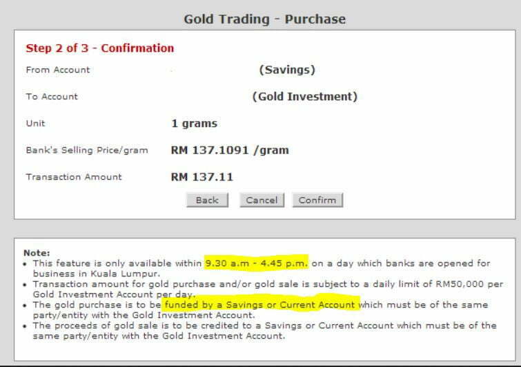 Contoh transaksi Public Bank Gold Investment Account online trading