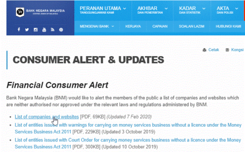 Bank Negara Malaysia Consumer Alert Page Screenshot