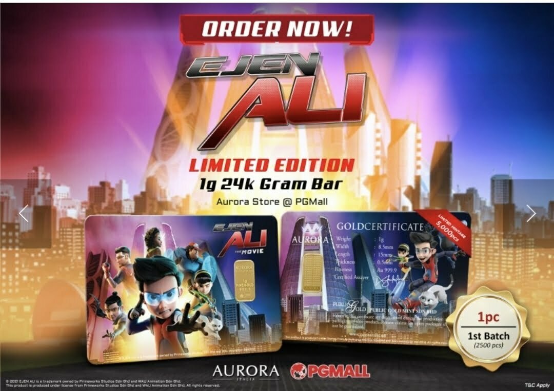 Ejen Ali emas koleksi 1 gram Aurora Italia Public Gold.