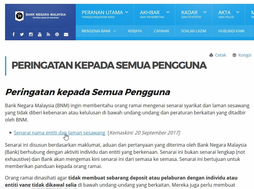 Senarai entiti dan laman yang dipantau Bank Negara Malaysia.